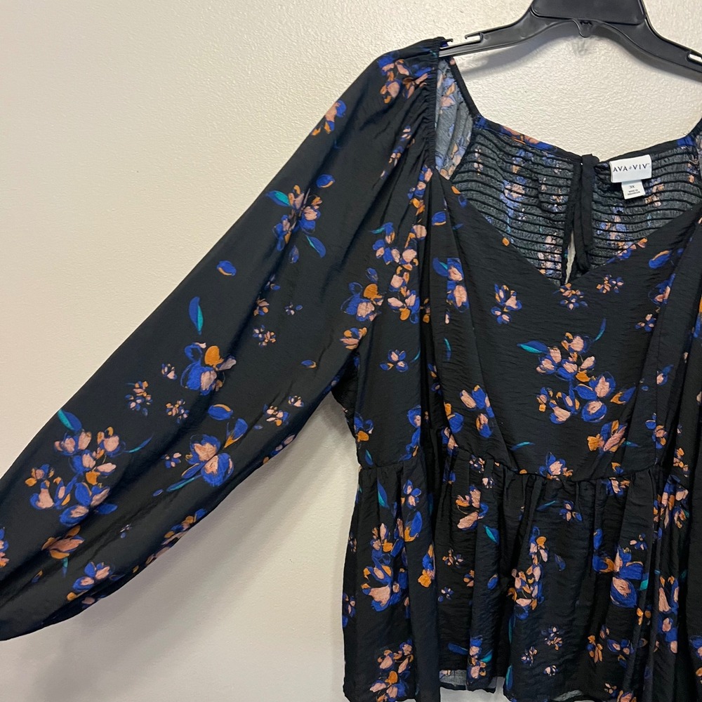 Ava & Viv Womens 3X Black Floral Smocked Back Babydoll Long Sleeve Blouse Top - Picture 2 of 7